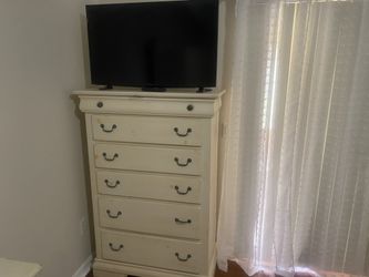 Cream Cottage Bedroom Set — Dresser, Mirror, King Bed, Nightstand, Tall Chest