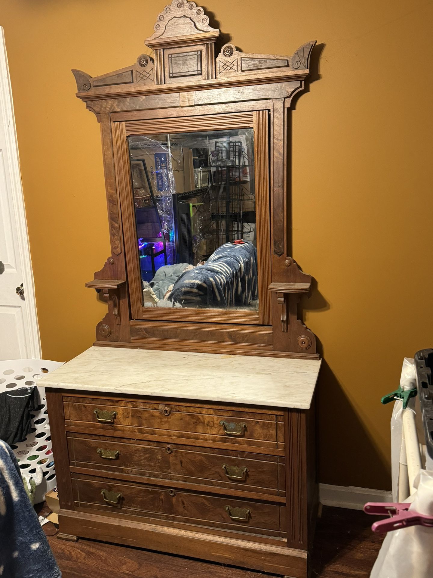 1800’s Antique Marble Top Dresser With Mirror