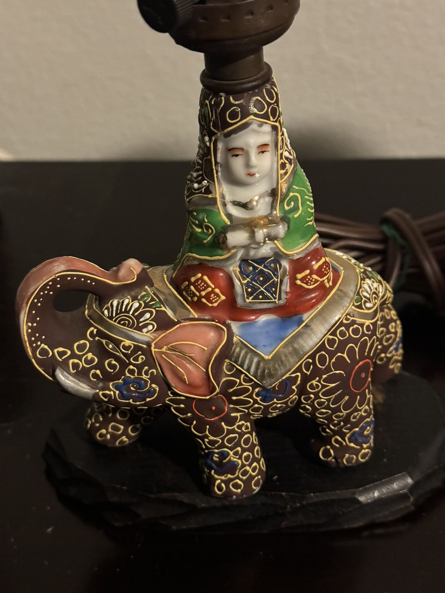 1930 Ceramic Elephant Woman Rider Scroll Table Lamp Wood Base Vintage Made in Japan Vintage