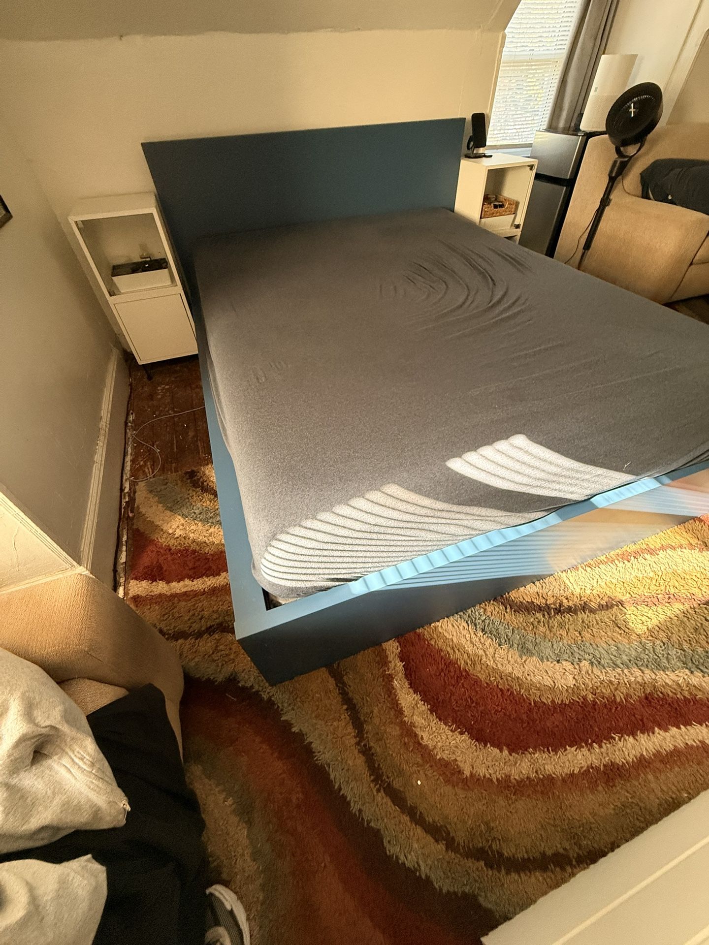 Modern Blue IKEA Malm Bed Frame w/ Storage Drawers + 2 Matching Nightstands