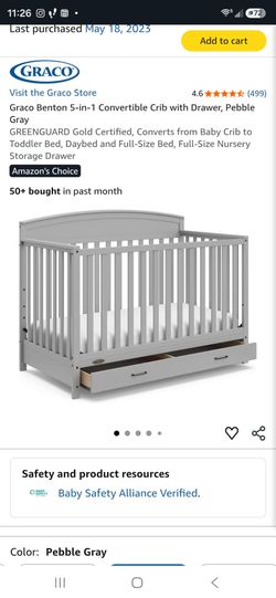Graco Benton 5-in-1 Convertible Crib with Drawer, Pebble Gray
GREENGUARD Gold Certified, Converts from Baby Crib to Toddler Bed, Daybed and Full-Size 