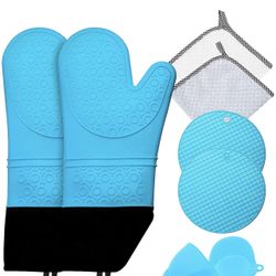 15 Inch Silicone Oven Mitts and Pot Holders, 8-Piece Set, Heat Resistant Oven Gloves with Mini Oven Gloves Hot Pads Potholders Dish Towels for Kitchen
