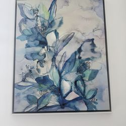 Large Framed Blue Abstract Floral Wall Art – 31.5” x 27”