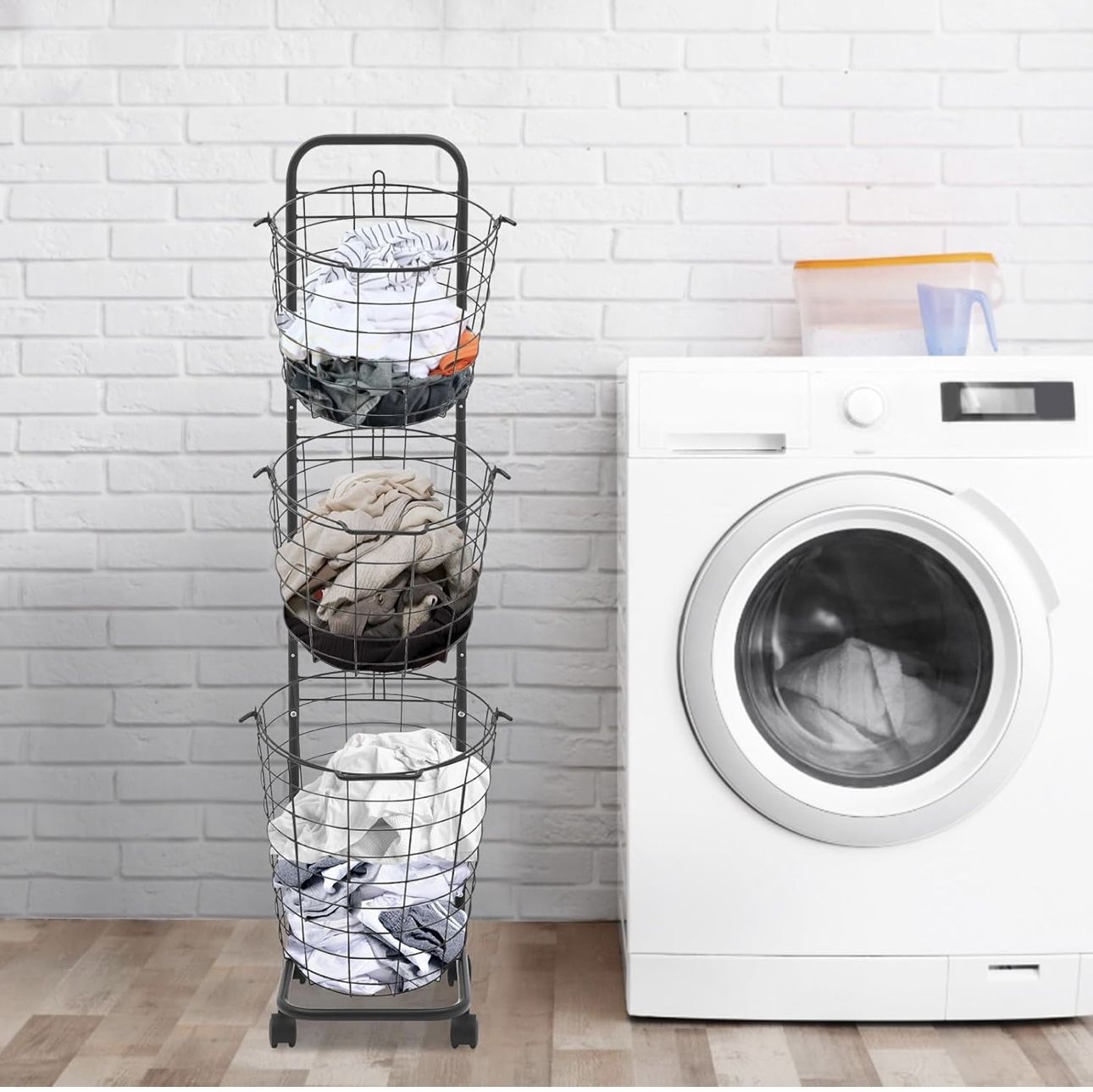 3 Tier Large Rolling Laundry Hamper on Wheels Modern Metal Black Basket Holder for Home Laundry Room, Bathroom, Kitchen - Sorting Clothing Baskets