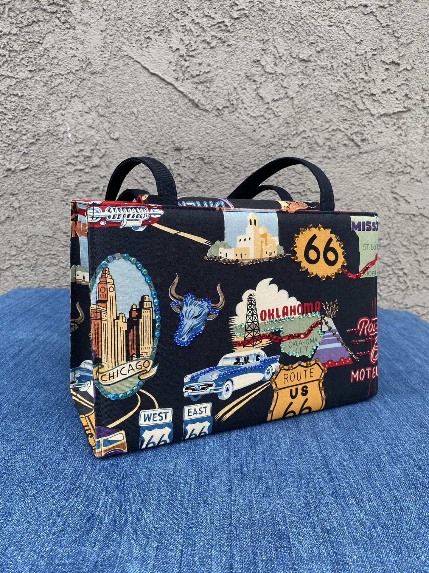 Vintage 90s Souvenir Handbag Route 66 Hot rod Classic Cars Made In USA