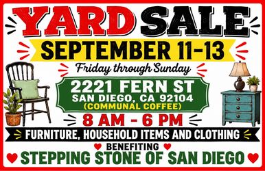 Yard sale Friday, Saturday, Sunday