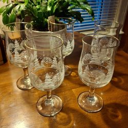 Libbey Frosty Pines Gilded Rim Christmas Glasses 7" Winter Scene Set Of 5