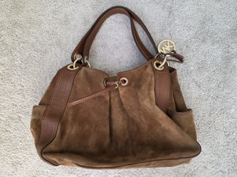 Michael Kors Brown Suede Leather Hobo Shoulder Bag Gold Hardware MK Charm