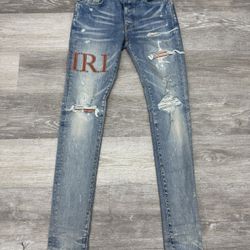leather stitched logo amiri jeans 