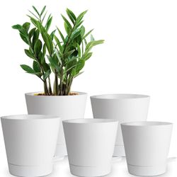 Watering Planters 7/6.5/6/5.5/5 inch, Plant Pots with High Drainage Holes and Reservoir for Indoor Outdoor WindowSill Flowers and Plants, White