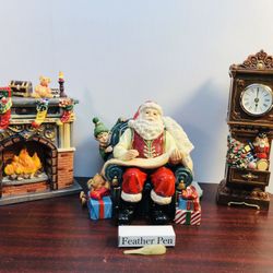 Christmas SANTA SCENE W FIREPLACE & Grand Father CLOCK FIGURES Xmas Mantle Piece