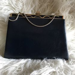 Vintage Elegant ANDE Blue Leather Evening Bah with Hide Away Handle Blue Leather Handbag Purse 1960's 