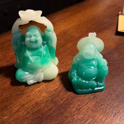 2 Green Jade Colored Glass Seated Laughing 