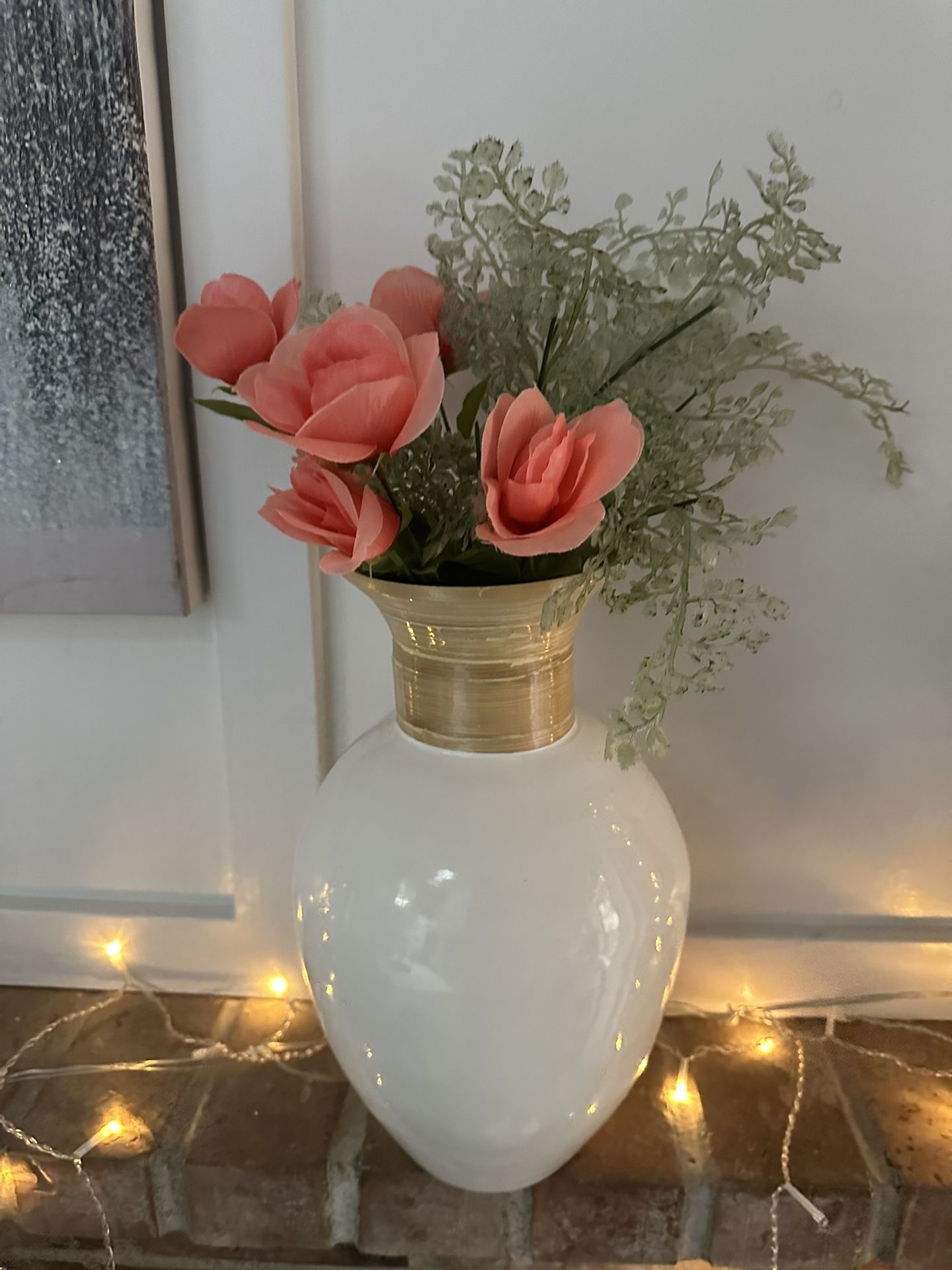 White & Natural Decorative Vase W Faux 🌸Pink Flowers