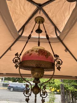 Victorian Hanging Oil Lamp — Hand-Painted Shade, Unconverted