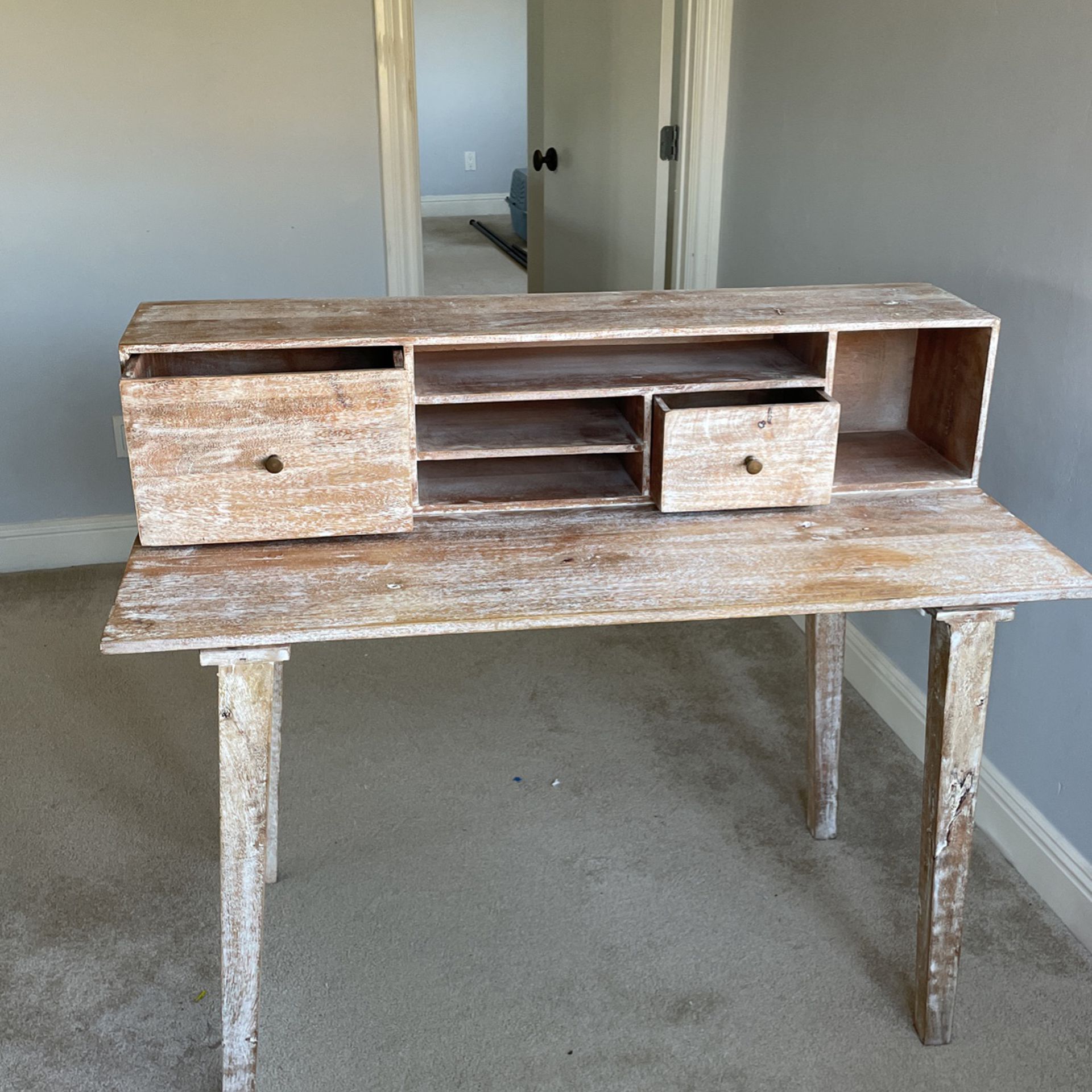 Distressed Desk W 2 Drawers , One Leg A Little Wobbly