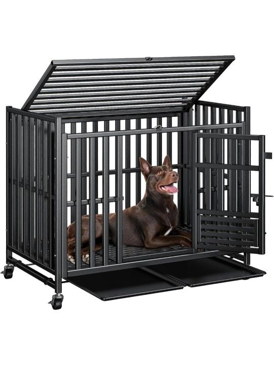 42 inch Heavy Duty Dog Crate, Upgraded Thickened Steel Frame Indestructible Kennel for Large & High Anxiety Dogs, Escape Proof Design with 3 Doors