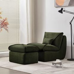 Modern Compressed Lounge Chair with Ottoman, Cozy Corduroy/Chenille Recliner for Small Spaces, Living Room, or Bedroom ﻿