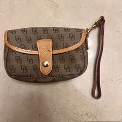 Dooney and Bourke Wristlet Monogram Brown  Canvas W/leather Trim W/Strap