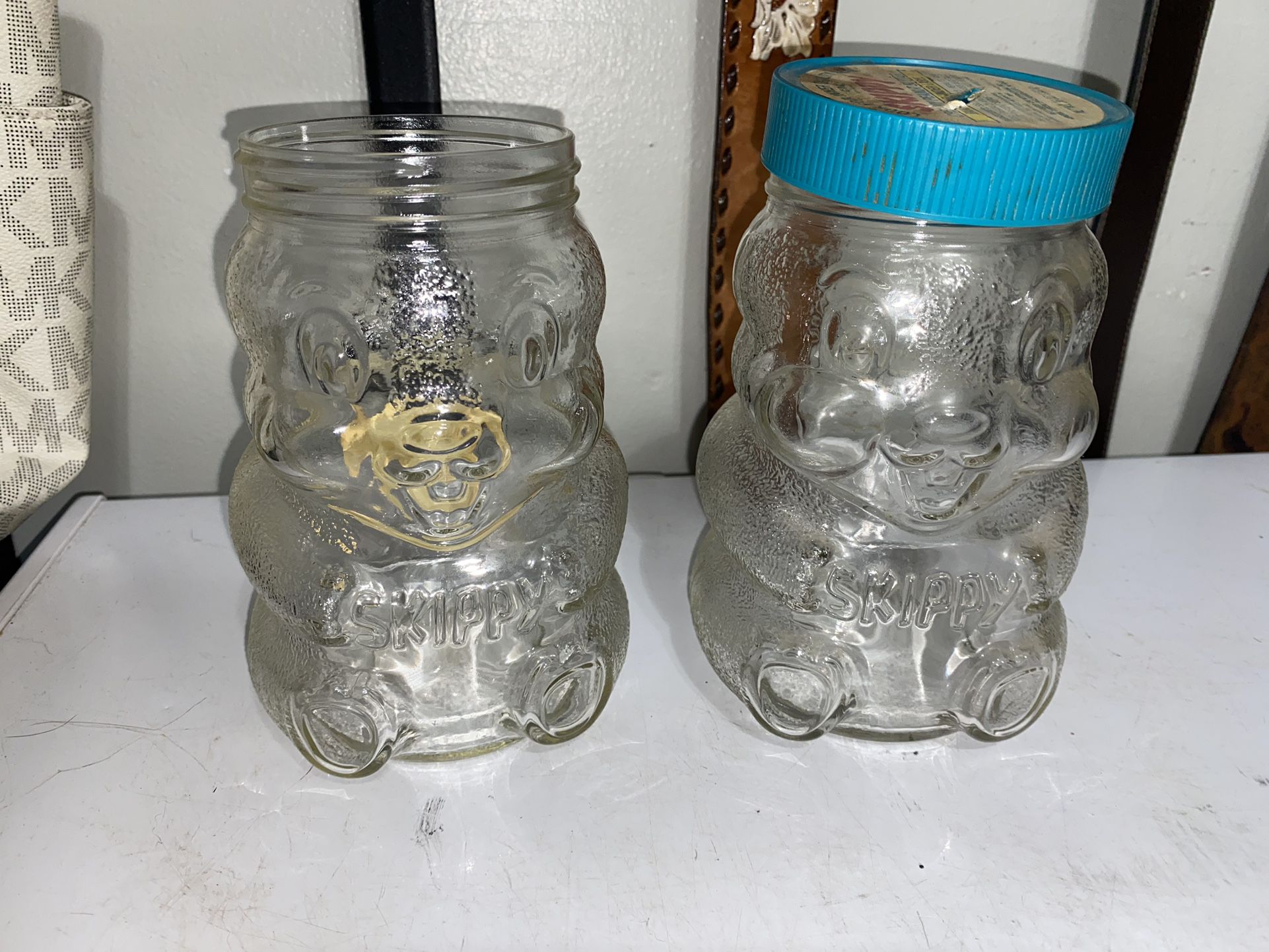 2 Vintage Skippy Glass Jars Only 1 Lid