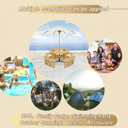 Outdoor 8 Person Picnic Table, 8 person Round Picnic Table with 4 Built-in Benches, Umbrella Hole, Outside Table and Bench Set for Garden, Backyard, P