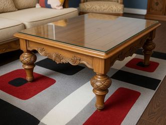 FREE - Ornate Carved Wood Coffee Table + Matching End/Side Table - Glass Tops
