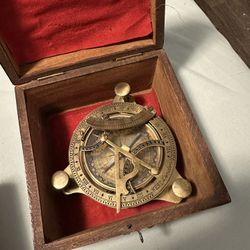 Vintage Brass Sundial Compass with Wooden Box