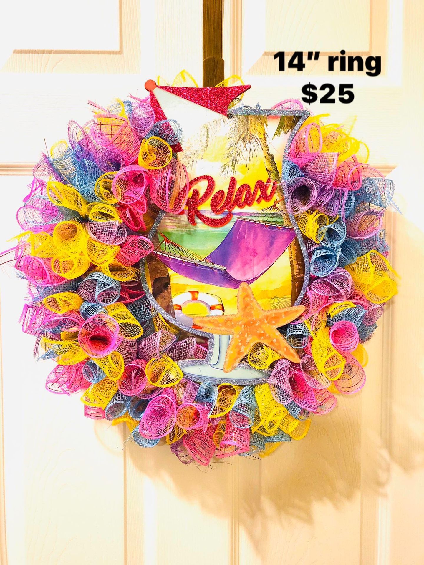 Summer beach drink flamingo door wall mesh wreath