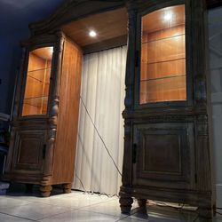 Glass Cabinets With Glass Shelves & Lights- Solid Wood- Good Condition