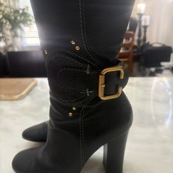 Chunky Heel Knee Length Boots. Buckles And Side Zip. Not Real Leather. Only Worn A Couple Of Times