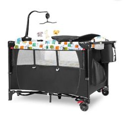 Ciesmsi Baby Bedside Bassinet w/Changing Table, Musical, 5-in-1 Portable Playard Nursery Center, new in box