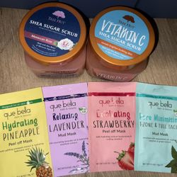Exfoliating & Hydrating Skin/Face Care Routine - (2)Tree Hut Scrub & (4)Que Bella Peel Mask Bundle 