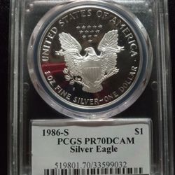 1986-S John Mercanti Hand Signed PCGS PR70DCAM Silver Eagle Flag Label