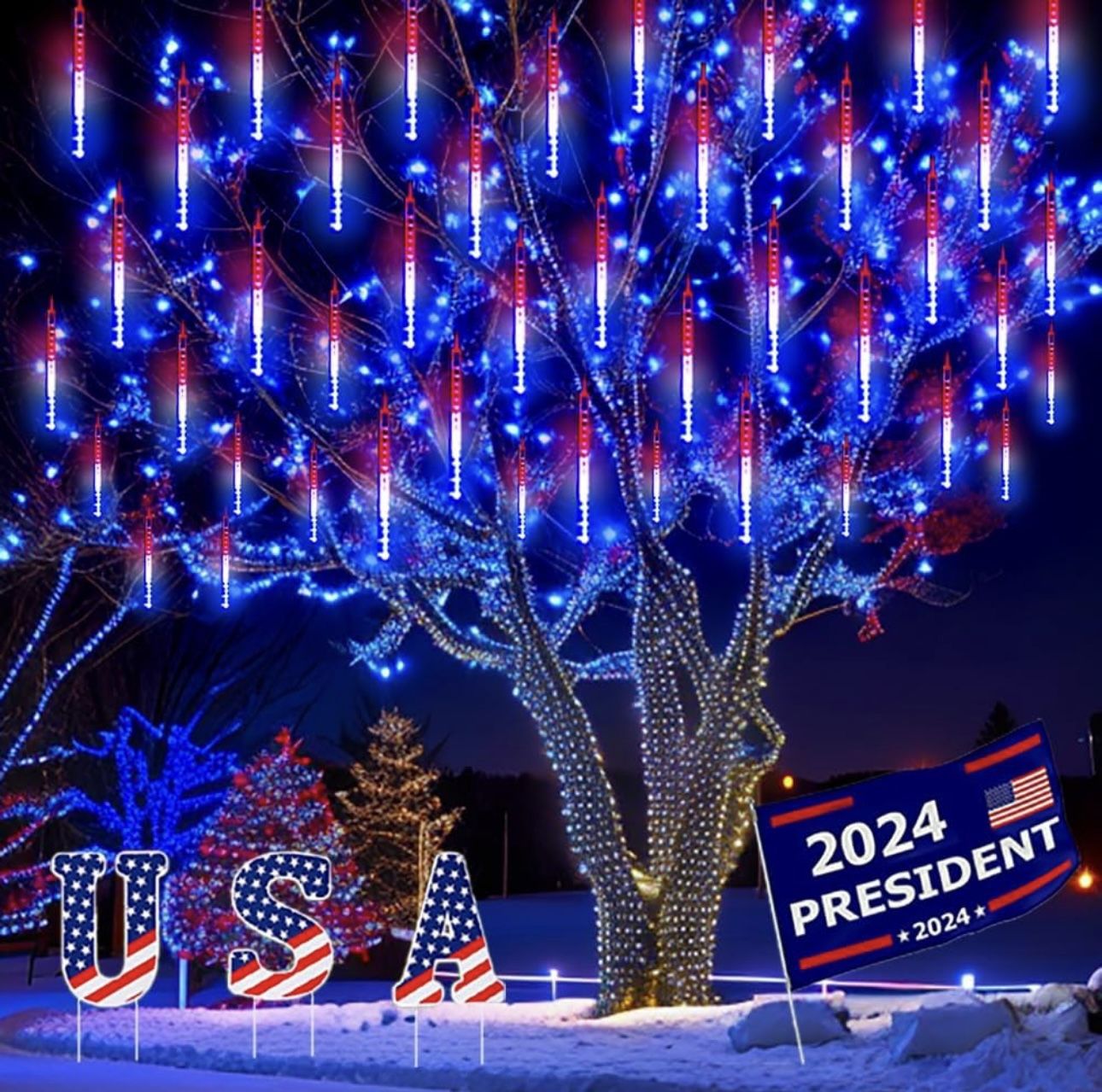 4th of July Decorations Outdoor, Red White Blue Meteor Shower Lights for Independence National Memorial Day, US Flag Lights for 2024 President Electio