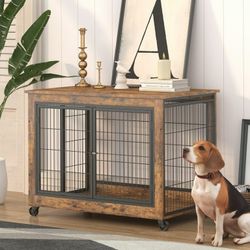 Dog Crate on Wheels, Wooden Dog Cage with Lockable Double Doors and Lift Top, Modern Home 2-in-1 Dog House End Table Furniture, Dog House ,  NEW 