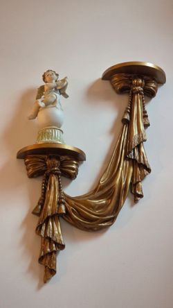 Pair of Gold Ornate Draped Tassel Wall Sconces with Cherub Figurines