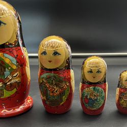 Vintage 5 Hand Painted Carved Wooden Russian Nesting Dolls Fairy Tale Story