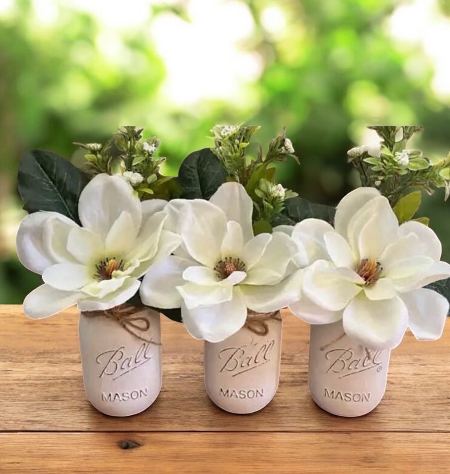 Chalk painted distressed mason jars wedding gift - WHITE MAGNOLIAS trio