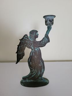 Vintage Metal Green Verdigris Angel Candle Holder 8