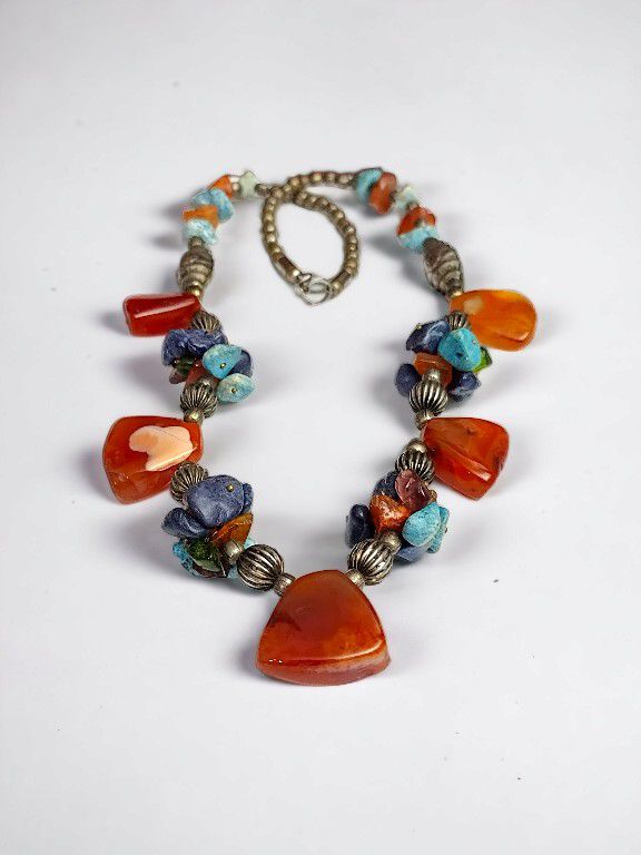 Carnelian  Turquoise & Amber Cluster Necklace 