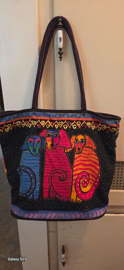 Vintage Laurel Burch dogs canvas tote, 17" x15"