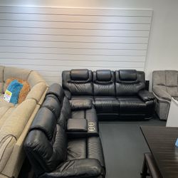 Fourth of July sale. Santiago black leather reclining sofa and loveseat set now $1199. Easy finance option. Same-day delivery.