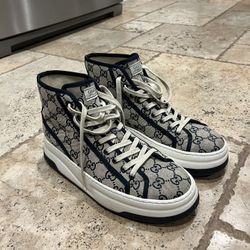 GUCCI TENNIS 1977 HIGH TOP SNEAKERS IN BEIGE BLUE NEW GG MONOGRAM SZ 10