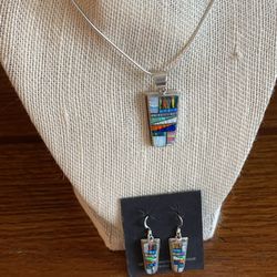Southwest, handcrafted, mosaic, inlaid, sterling, silver necklace set 22”chain