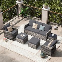 Swivel Rocking Chairs, 6 Pieces Patio Conversation Set, Outdoor Wicker Sofa Couch with Waterproof Cushions for Lawn Backyard Porch