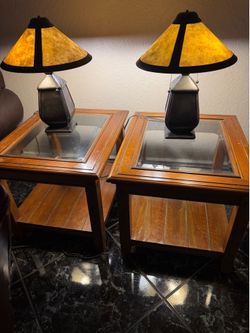 Wooden/ Glass side tables with lamps