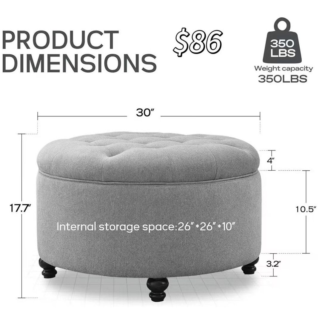 😀 HUIMO 30-Inch Round Storage Ottoman, Modern Button Tufted Coffee Table with Removeable Top, Upholstered Ottoman with Storage Footrest Stool for Liv