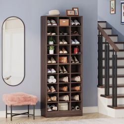 10-Tier Shoe Storage Cabinet, Gray Wooden Shoe Rack with 30 Cubbies, Freestanding Tall Entryway Shoe Organizer for Closet, Entryway, Living Room