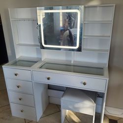 White Desk Vanity With Lights, Shelves, Jewelry Hooks Seat