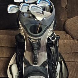 Hogan's Golf Clubs And Shoes Size 9 With A Few Golf Balls And Tilt Leist Stand Up Bag 